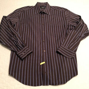 Bugatchi uomo Shirt Mens Large Blue Brown Striped Cotton Button Up Long Sleeve